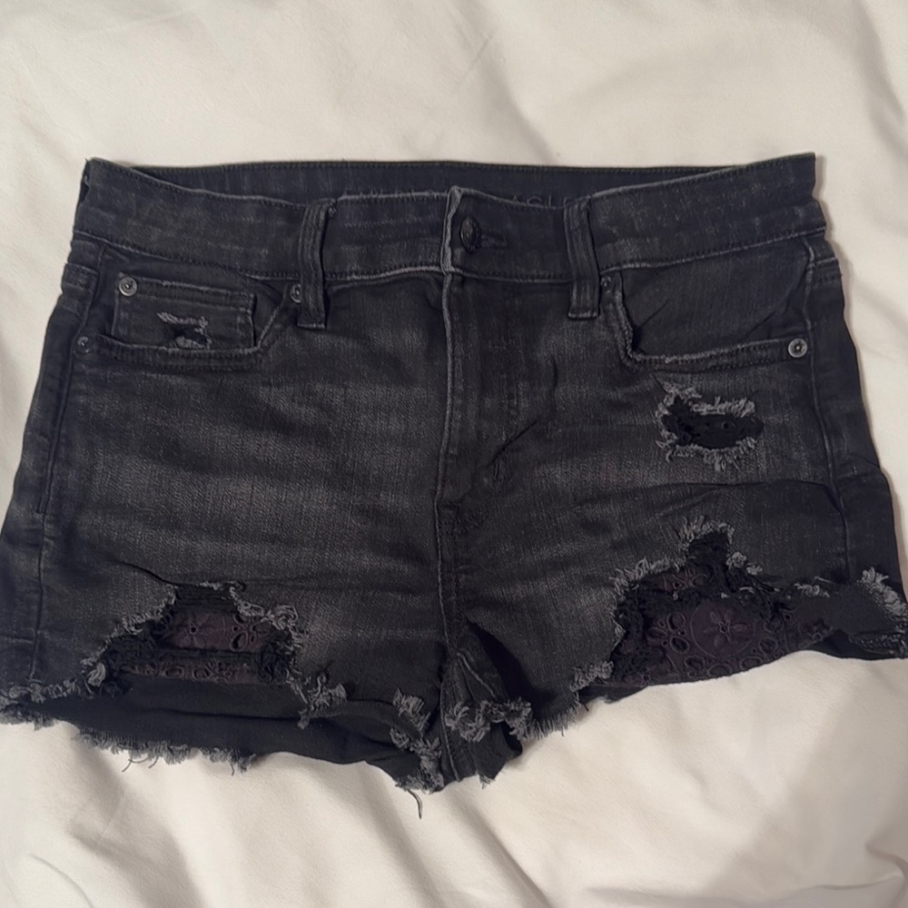 Distressed Black Denim Shorts
